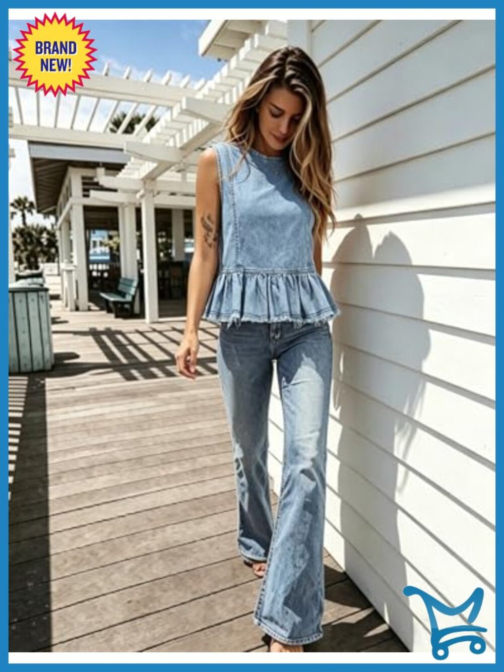 Sleeveless Denim Vest Button Back Crew Neck Ruffle Hem Swing Y2K Top - Picture 4 of 6